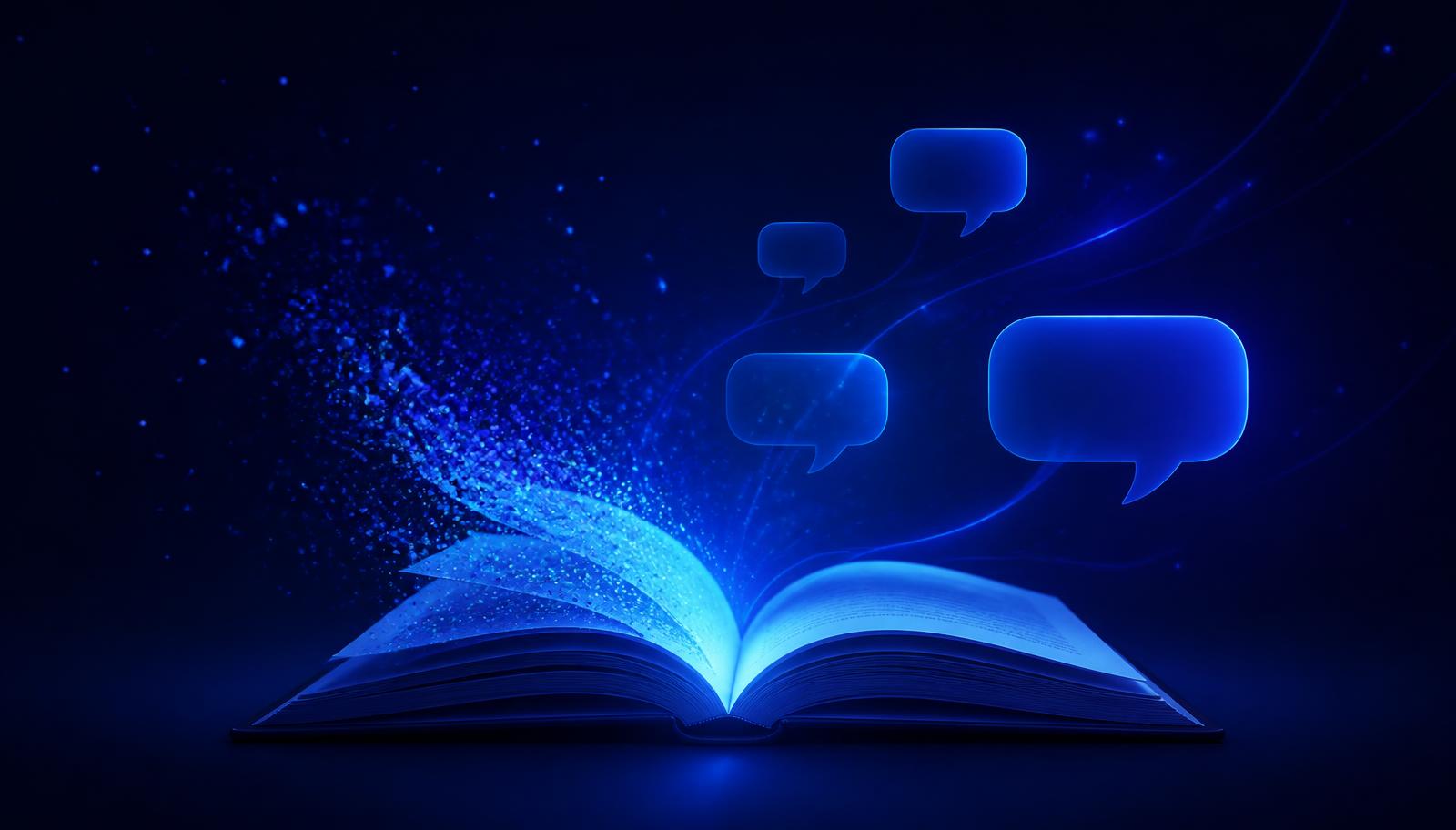 Open book dissolving into glowing chat bubbles